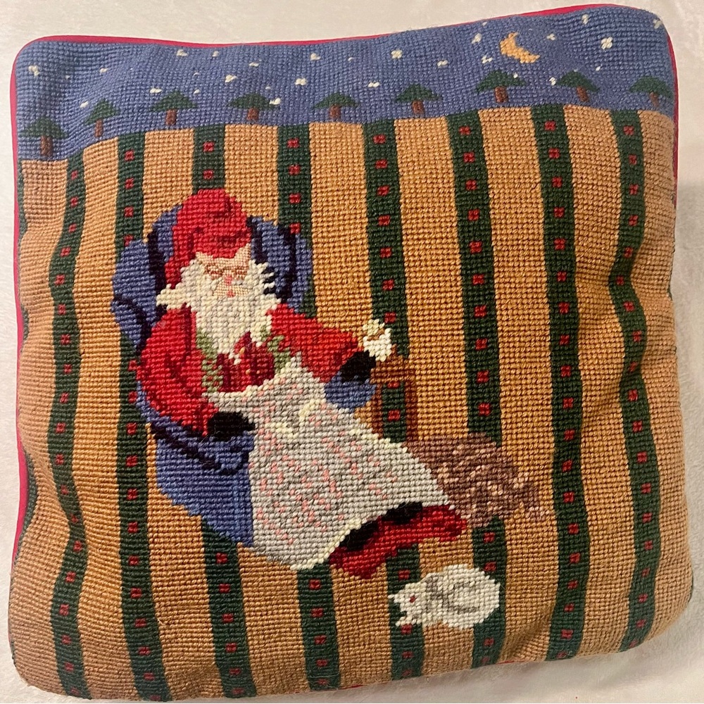Christmas Santa w/kitty needlepoint & red velvet 13" x 13" pillowcase - vintage